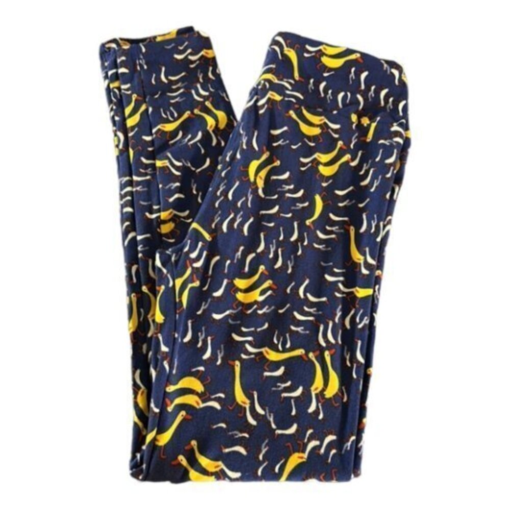 Lularoe Yellow Navy Blue Ducks Leggings One Size EUC #4392 JEEP